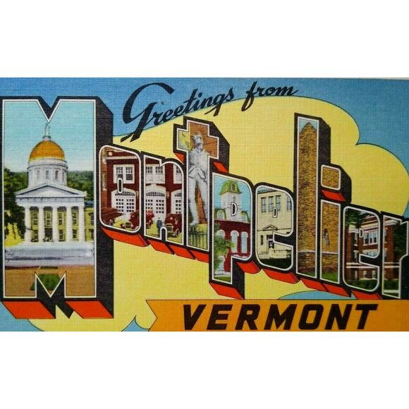 Greetings From Montpelier Vermont Large Big Letter Postcard Linen E-8648 Unused - Picture 1 of 3
